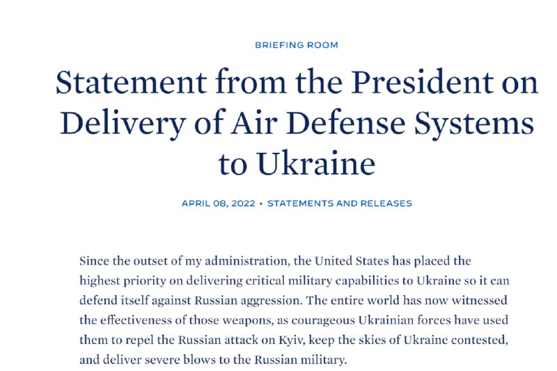 7. 斯洛伐克向乌克兰提供S-300，拜登感谢据路透社4月8日报道，当天，斯洛伐克总理黑格尔宣布，斯洛伐克已经向乌克兰提供了S-300防空系统