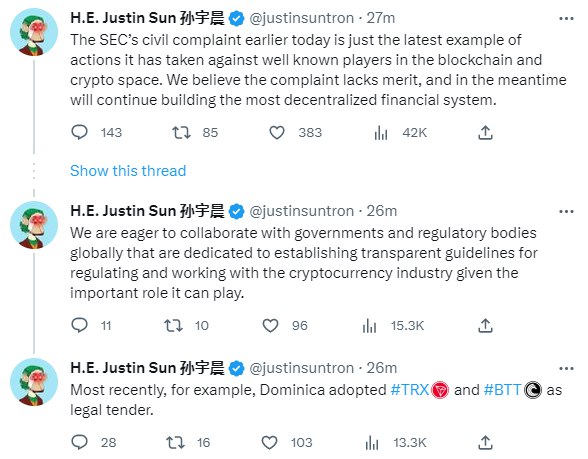 » 10. 北美国证监会起诉孙宇晨 回应：缺乏依据，其数字资产监管框架尚不成熟波场（Tron）创始人、火必（Huobi）全球顾问委员会成员孙宇晨（Justin Sun）3月23日在推特发文称，他认为美国证监会（SEC）对其本人及旗下三家公司的起诉状“缺乏依据”，“我们将继续建立最去中心化的金融系统”