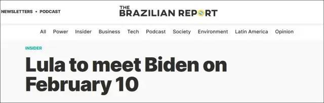 » 6. 巴西新总统卢拉将于2月10日访美，与拜登谈“民主”据法新社19日报道，巴西新任总统卢拉当天宣布，他将于2月10日在美国首都华盛顿与美国总统拜登举行会晤