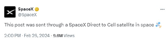 » 20. 星链手机直连卫星上网 在社交平台X上发帖SpaceX今日宣布，该公司已成功地通过“星链”卫星网络，从太空向社交平台X上发布了第一个帖子