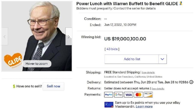 17. w买家是谁？最后一届巴菲特慈善午餐中标价1.28亿创最高eBay官网显示，竞拍成功者是一位以w字母开头的买家，该金额远远超过孙宇晨2019年457万美元的出价纪录