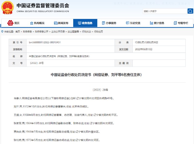 12. 网信证券连续六年财报作假近79亿元，时任董事长被罚3万元今年3月，指南针在关于深圳证券交易所重组问询函回复的公告中透露，针对网信证券的立案调查情况，中国证监会的案件调查工作已经结束，正在对此案进行审理，具体处罚结果预计很快作出
