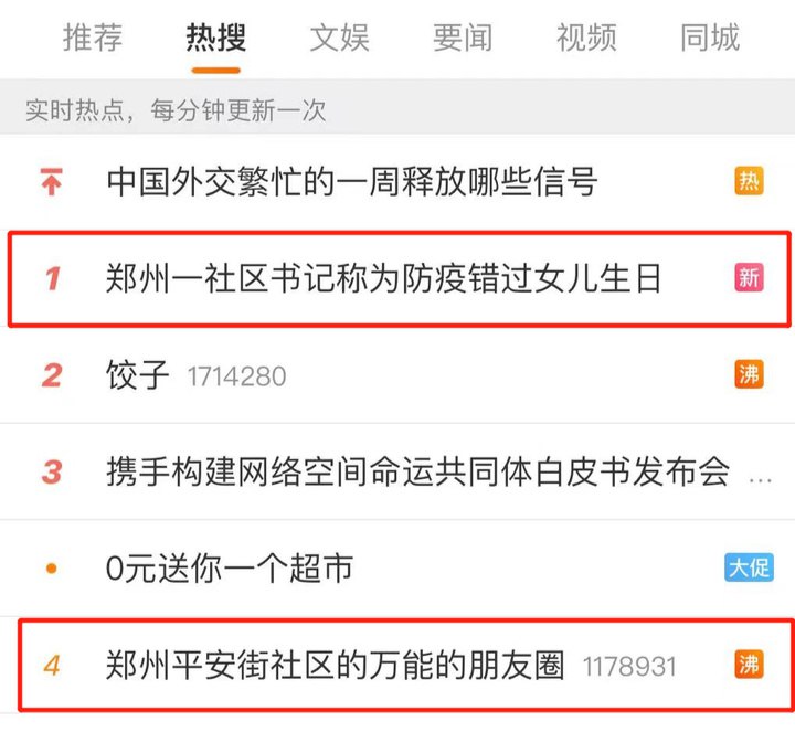 » 3. 郑州社区书记发布会上称“因防疫错过女儿成人礼”并哽咽，网友热议昨日，郑州一场疫情防控发布会上，社区书记刘红英动情讲述：“前几天是我女儿18岁生日，然而我却缺席了她的这场成人礼，当时她给我发来一段和猫咪的视频，告诉我她很好，让我多爱自己一点，我把这个视频发到了朋友圈，当时我们很多志愿者在我的朋友圈里，他们立刻截图在居民群里广泛转发，还为我的女儿送来了各种各样的祝福