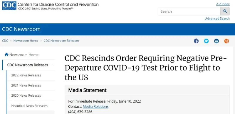 6. 美国取消入境前新冠检测要求美国疾控中心宣布，从12日起国际旅客在登机飞往美国前，不再需要出示新冠检测阴性证明
