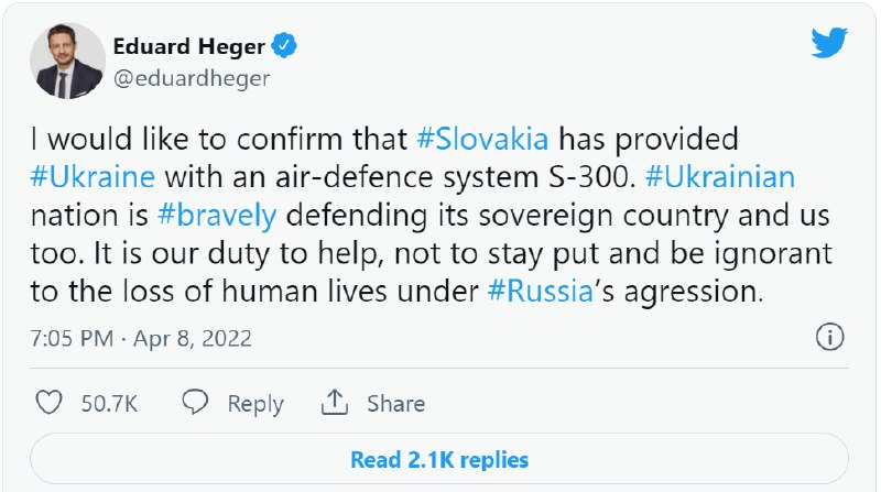 7. 斯洛伐克向乌克兰提供S-300，拜登感谢据路透社4月8日报道，当天，斯洛伐克总理黑格尔宣布，斯洛伐克已经向乌克兰提供了S-300防空系统