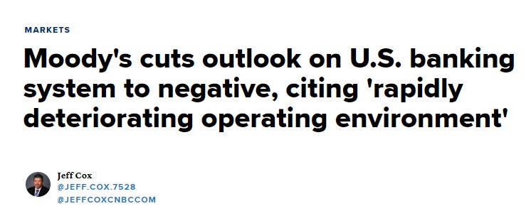 » 6. 穆迪将美国整个银行体系评级由稳定下调至负面据美国消费者新闻与商业频道（CNBC）报道，三大国际评级机构之一的穆迪公司当地时间3月13日将其对美国整个银行体系的评级从稳定下调至负面