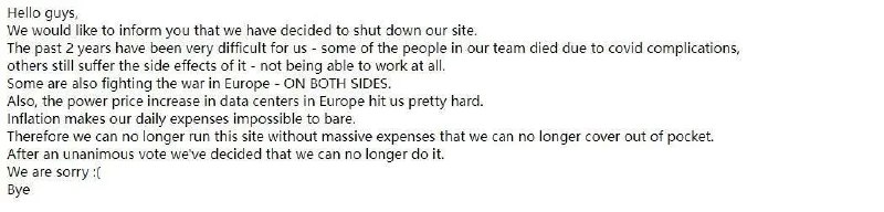 » 15. 知名资源下载站点RARBG宣布关站 无力继续负担服务器和日常开支最为知名的资源下载站点之一 RARBG 日前发布公告宣布关站，RARBG 成立于 2008 年，提供各类资源包括但不限于软件、影视剧、电影、音乐、其他文件的共享地址，主要通过 BitTorrent 以及磁力链接为全球用户提供资源下载服务