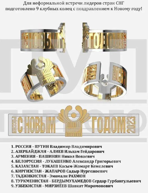 » 13. 普京向独联体各国元首赠送8枚金戒指，自己留下了第9枚 普京26日晚间在圣彼得堡举行的独联体国家领导人非正式会晤时，分别向其他八位独联体国家领导人赠送了八枚金戒指作为新年礼物，普京自己则留下了第九枚